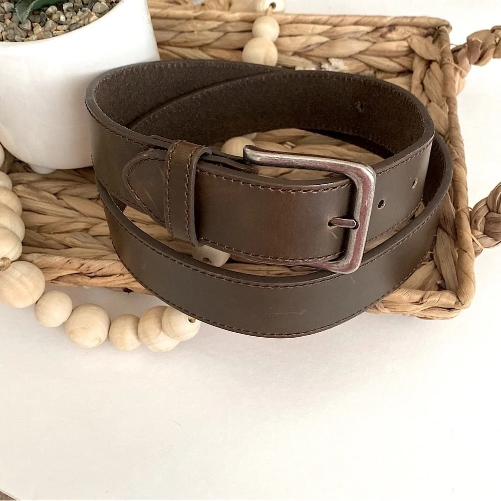 Men’s Brown Leather Belt Silver Buckle 38